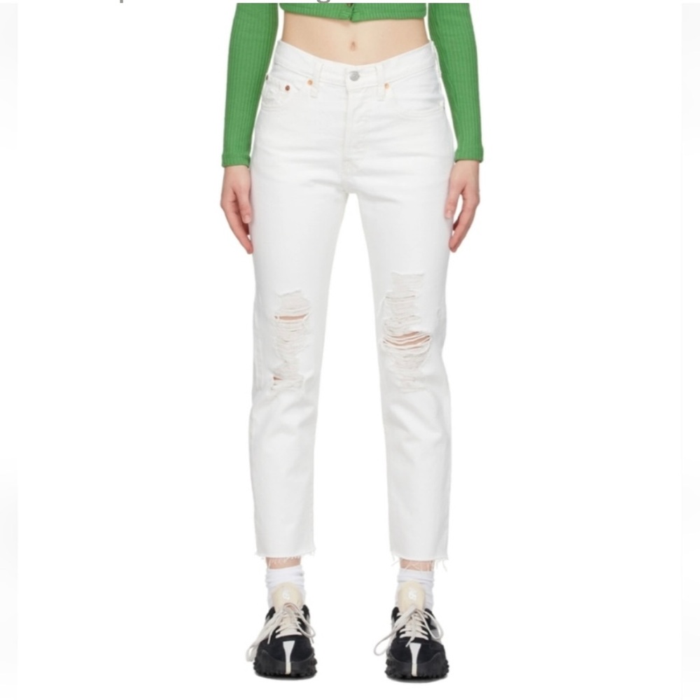 501 Crop White Distressed High Rise Straight Leg Denim Jeans Size 28X26